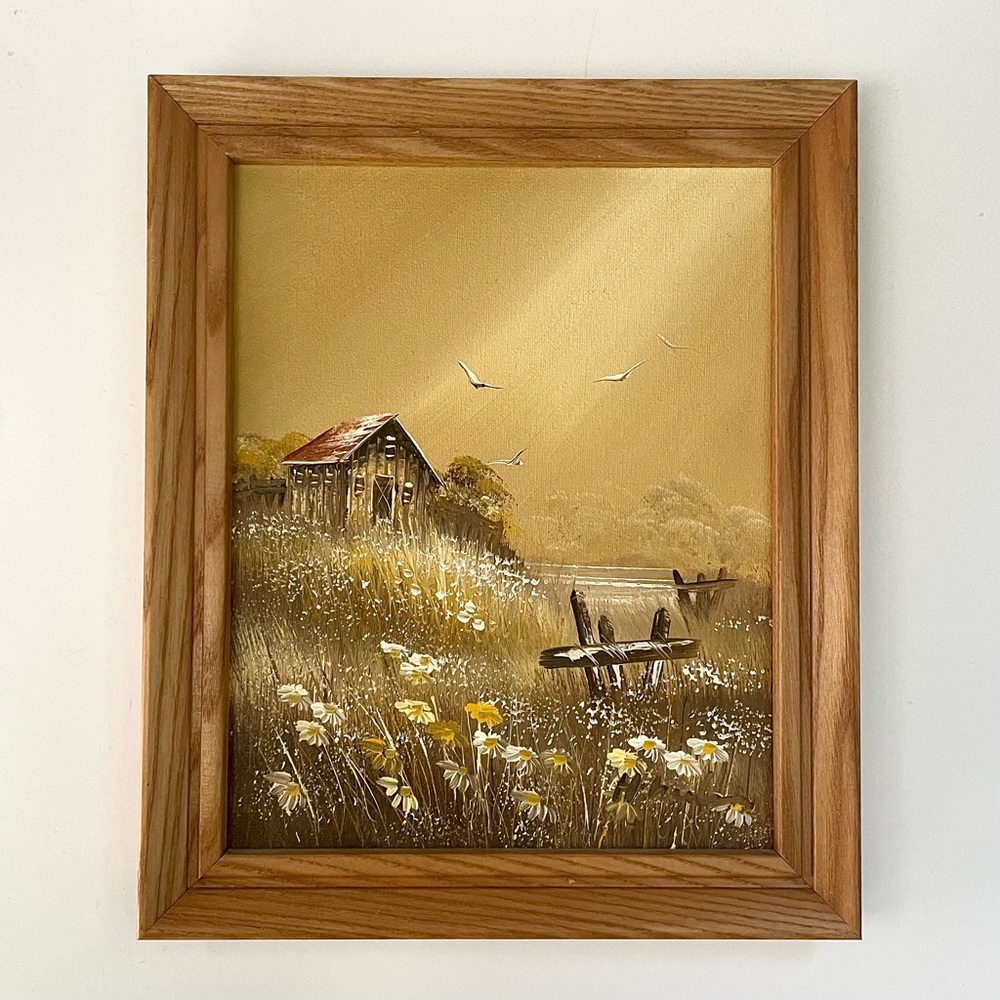 Framed Panel Painted Cabin Artwork - 10”x12” Wall-Hung - Signed Artist Unknown